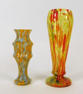 2PC Kralik Welz Splatter Bohemian Art Glass Vases