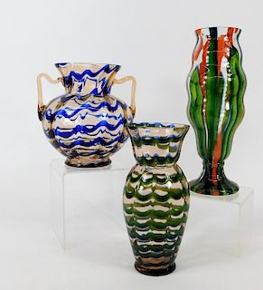 3PC Kralik Wave Patterned Bohemian Art Glass Vases