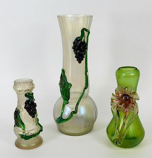 3 Kralik Applied Grape Flower Bohemian Glass Vases