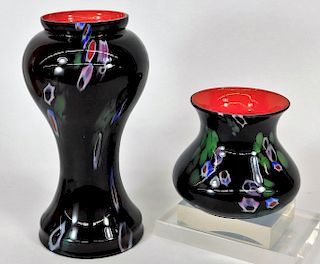 2 Kralik Bohemian Red Cased Black Art Glass Vases