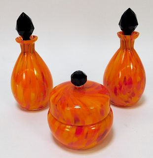 3PC Ruckl Orange Pulled Bohemian Art Glass Vessels
