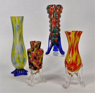 4 Franz Welz Bohemian Art Glass Tripod Vase Group