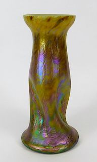 Rindskopf Yellow Iridescent Pinched Art Glass Vase