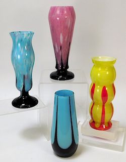 4PC Ruckl Pulled Lines Bohemian Art Glass Vases