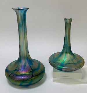 2PC Kralik Iridized Net Bohemian Art Glass Vases