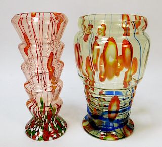 2PC Kralik Lines and Canes Bohemian Art Glass
