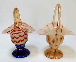 2PC Kralik Basket Bohemian Art Glass Vases