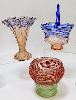 3PC Kralik Threaded Bohemian Art Glass Vases