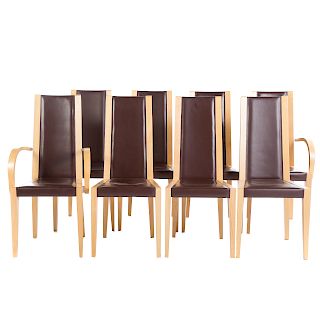 Eight Potocco Leather and Maple Dining Chairs