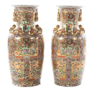 Pair Chinese Export Famille Rose/Gilt Temple Vases