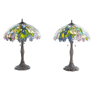 Pair Tiffany Style Leaded Glass Table Lamps