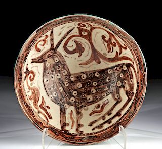 12th C. Afghanistan Glazed Pottery Bowl w/ Ibex