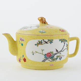 Chinese Famille Rose Porcelain Teapot Yellow Ground - Marked