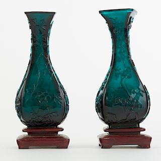 Pair Peking Glass Vases w/ Wooden Stands