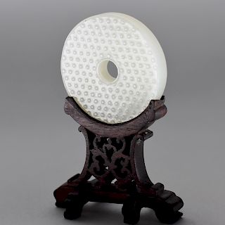 Qing Chinese Carved Jade Bi with Stand 