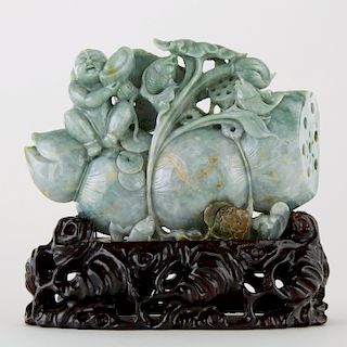 Large Chinese Jade Carving of a Boy on a Lotus Pod