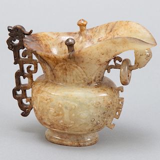 20th c. Chinese Brown Jade Archaic Form Ewer