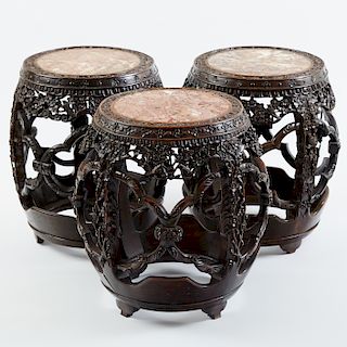 Three Chinese Marble Inset Barrel-Form Stools 