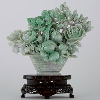 Large Chinese Jade Group Basket with Flowers