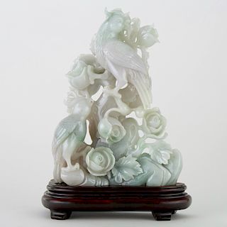 Large Chinese Jade Carving Tree Flower and Bird