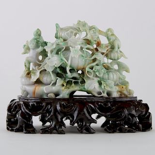 Large Chinese Jade Carving of Plants w/ Monkey