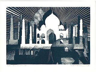 Tomihari Hiroshi Japanese Woodblock Print "Taj Mahal"