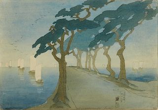 Bertha Lum "Pines by the Sea" Woodblock Print