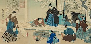 Chikanobu Japanese Woodblock Print Triptych of a Cockfight