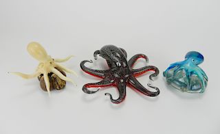 Art Glass Octopus paperweight and 2 figurines