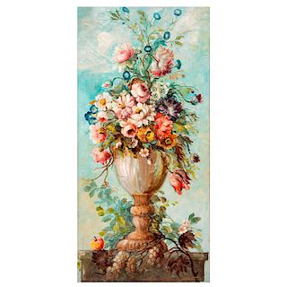 Firma no identificada. Bouquet con jarrón de alabastro. Óleo sobre tela. Enmarcado en madera tallada dorada. 117 x 57 cm