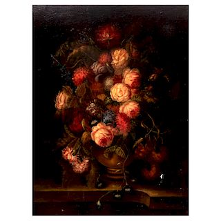 Firmado Josephine. Bouquet en claroscuro. Óleo sobre tela. Enmarcado en madera tallada dorada. 121 x 89 cm
