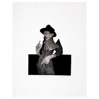 Mario Martin del Campo. Personaje en negro. Grabado en aguafuerte. Firmado y fechado 1985. Sin marco. 33 x 28 cm
