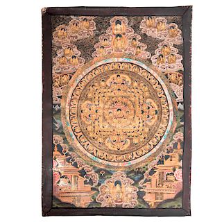 Thangka Budista. Nepal, Tíbet, siglo XX. Mixta sobre tela con detalles en esmalte dorado. Con marcado al anverso.57 x 40 cm