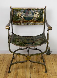 Wrought iron and tin tole-painted armchair