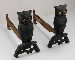 Pair of cast iron 'Owl' andirons
