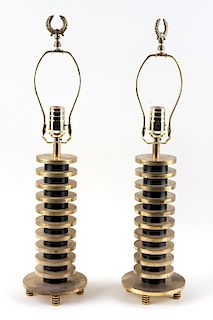 PAIR MODERNIST BRASS TABLE LAMPS STACKED DISK