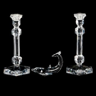 VAL ST. LAMBERT GLASS CANDLESTICKS AND BACCARAT WHALE