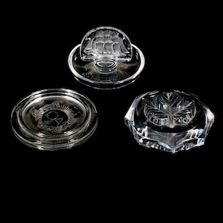 THREE (3) LALIQUE AND LALIQUE STYLE CLEAR AND FROSTED GLASS RING HOLDERS
