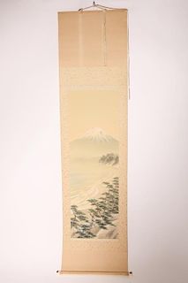 Signed Chinese Scroll of Beach with Mountains