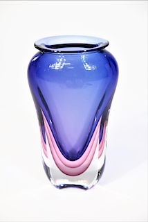 Heavy Blue and Pink Murano Style Glass Vase
