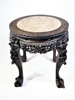 Chinese Carved Plant Stand, Marble Inserted Table