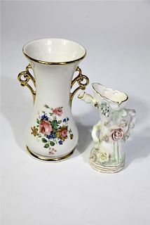(2) Floral Porcelain Vase & Pitcher w Gilt Accents