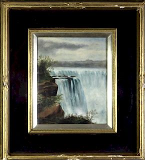 19th C. View of Niagara Falls, Oil on Board