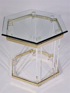 Hill Style Lucite & Gilt, Glass Top Side Table