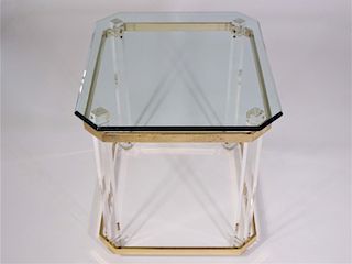 Hill Style Lucite & Gilt, Glass Top End Table