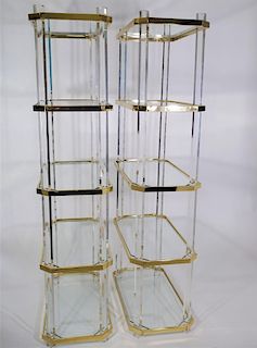 Pair Hill Style Lucite & Gilt, Glass Shelves Cases