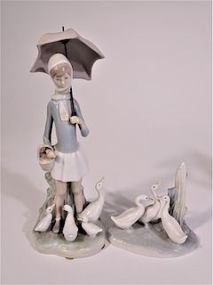 (2)Lladro Porcelain "Girl with Umbrella" & "Geese"
