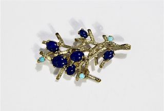 14K Gold Turquoise and Lapis Brooch