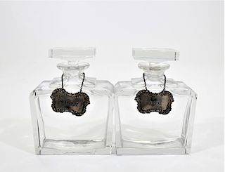Pair of Glass Decanters with Scotch & Rye Labels