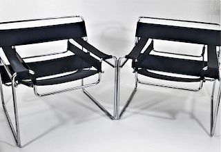 Pair Marcel Breuer Wassily Leather & Chrome Chairs